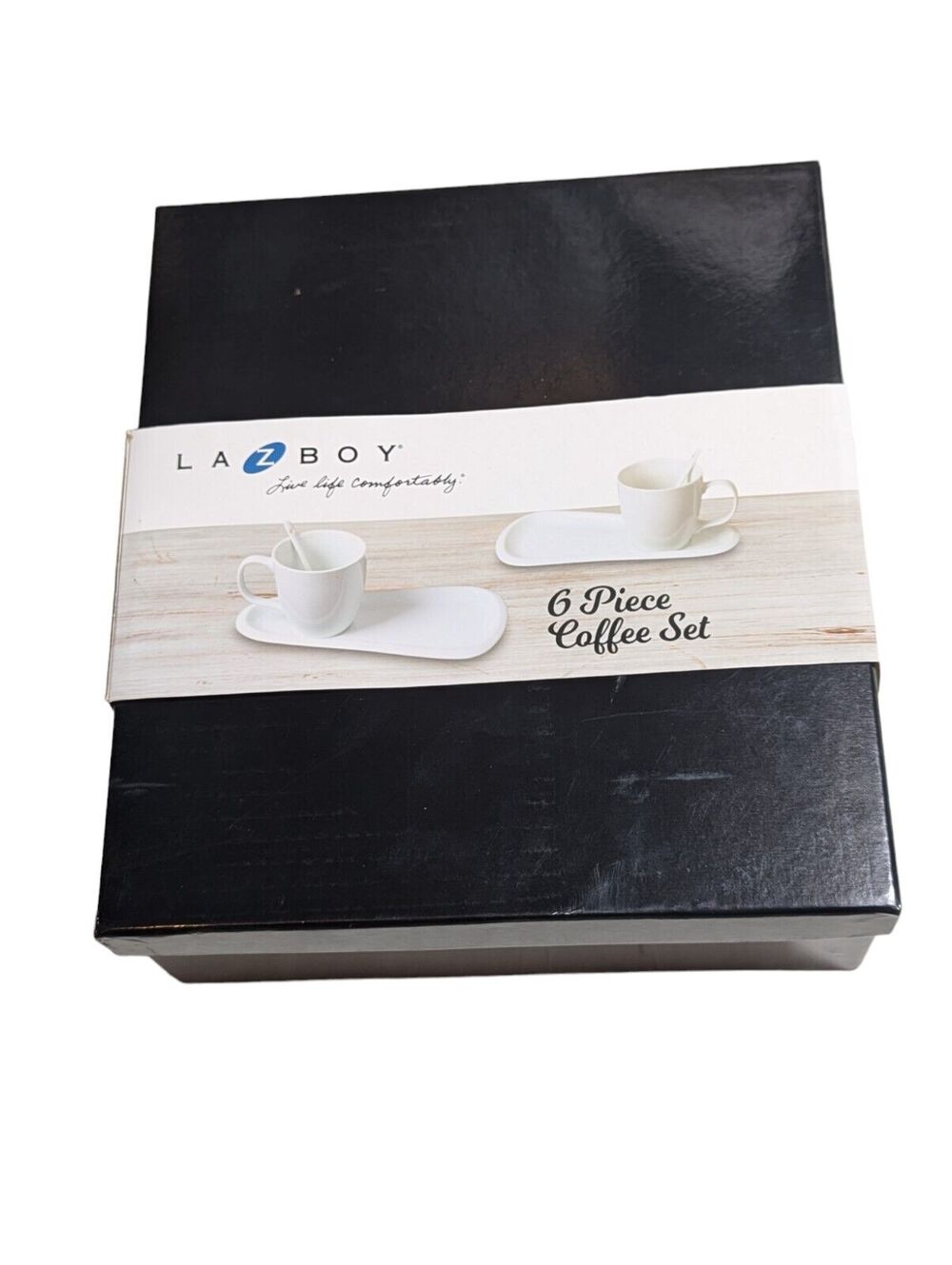 La Z Boy White Ceramic 6-Piece Coffee Set - 2 Mugs, 2 Spoons, 2 Trays New In Box